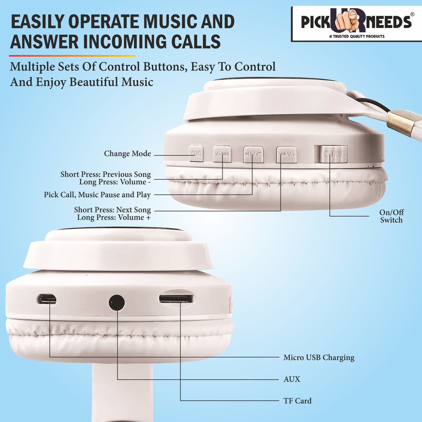 Pick Ur Needs Bluetooth Headphone With Microphone Cat Design Stereo HiFi Earphones Wireless (White)